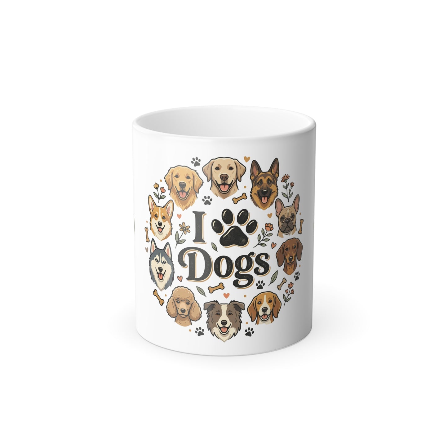 Color-Changing Mug — "I  Dogs" Paw Print Design, 11oz